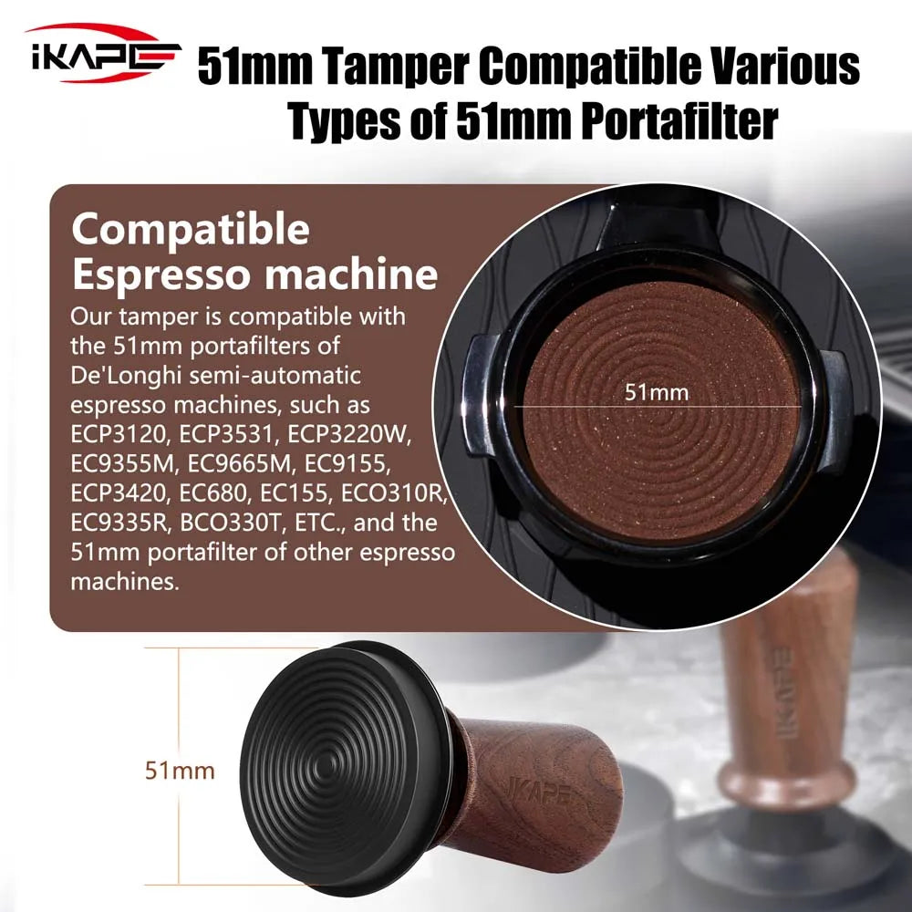 Coffee Wooden Tamper V3, Espresso Walnut Tamper with Calibrated Spring Loaded and Titanium PVD Coating Base Fit 51/54/58Mm