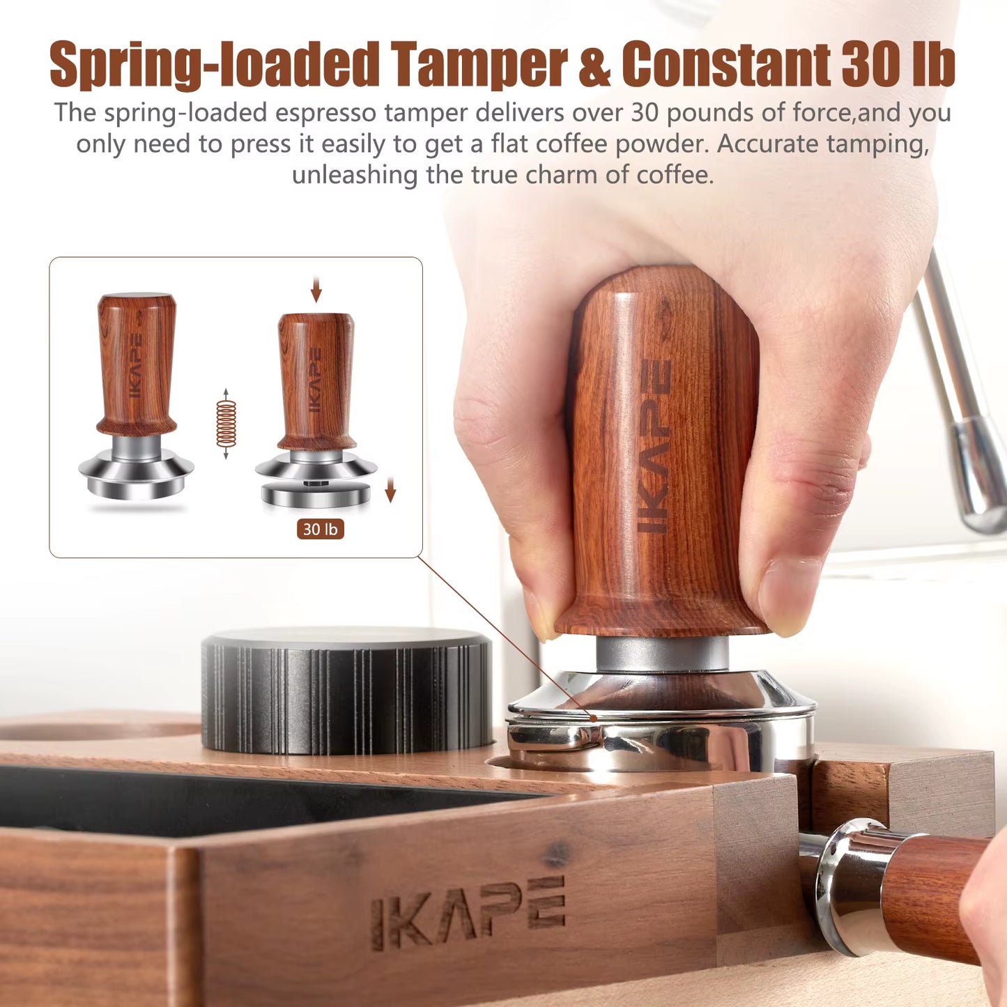 Espresso Wood Tamper V3, Spring-Loaded Calibrated Coffee Tamper with Premium Stainless Steel, Walnut Wooden-Handle Tamper