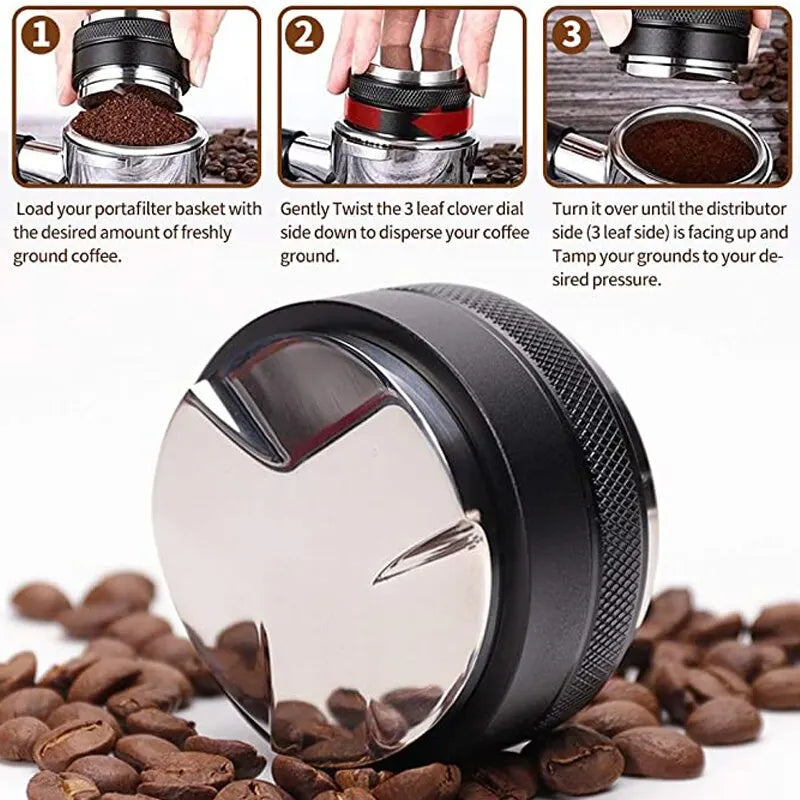 51/53/58Mm Coffee Distributor & Tamper, Dual Head Coffee Leveler Fits, Adjustable Depth-Espresso 3Angled and Flat Tampers