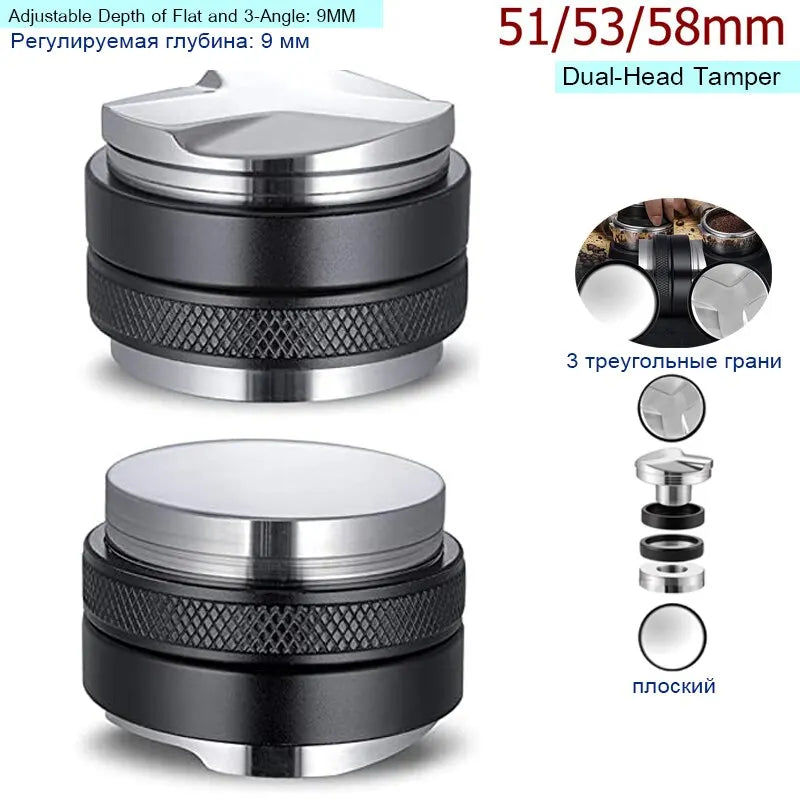 51/53/58Mm Coffee Distributor & Tamper, Dual Head Coffee Leveler Fits, Adjustable Depth-Espresso 3Angled and Flat Tampers