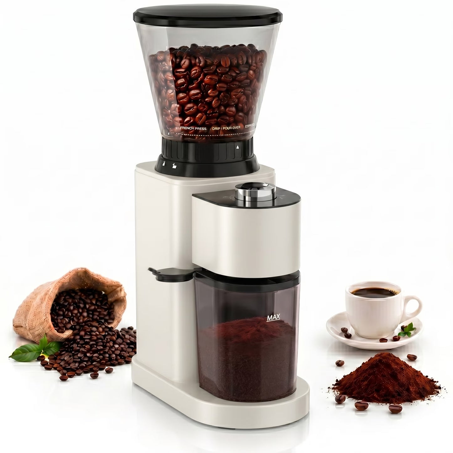 Burr Coffee Grinder, Coffee Grinder Electric, Stainless Steel Coffee Bean Grinder, 48 Grind Settings, Espresso/Pour Over/Cold Brew/French Press Coffee Maker, Beige