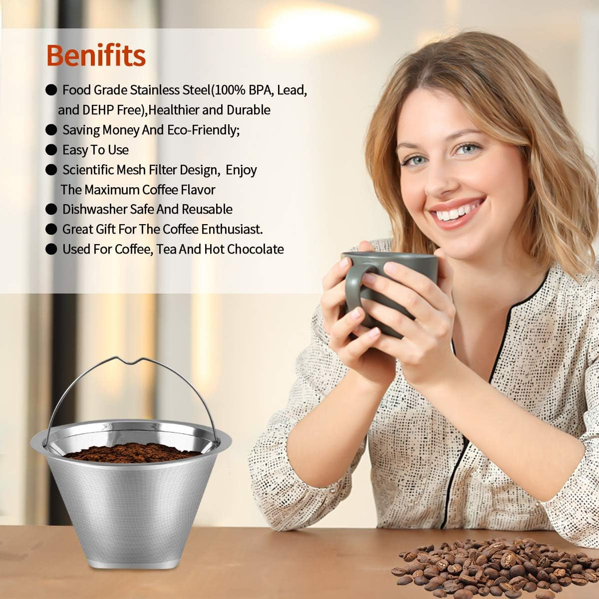 #4 Reusable Permanent Cone Coffee Filters, 8~12 Cup Size 4 Coffee Filters, Perfe