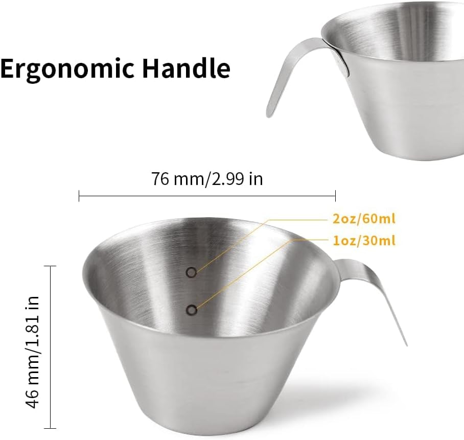 2Oz Espresso Shot Cups,  Espresso Measuring Cup with Handle and Insdie Mark Stainless Steel Measuring Shot Cup for Barista Cafe Home Professional Espresso Coffee Accessories, Basic, 2 Pack