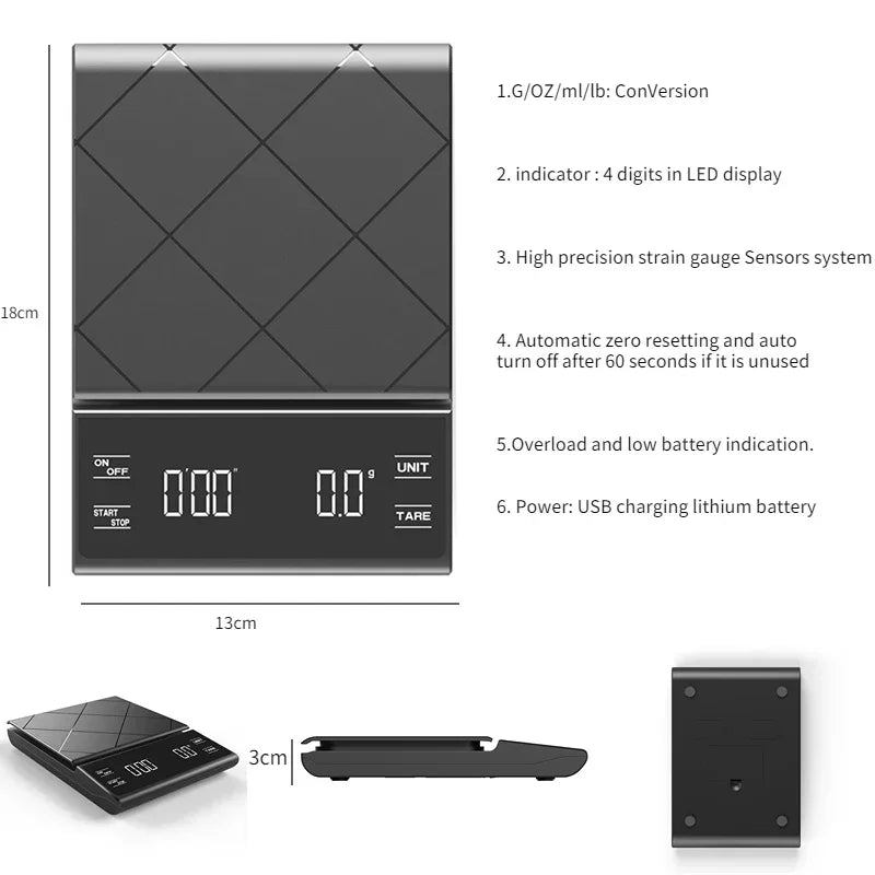 Built-In Battery Charging Electronic Scale Built-In Auto Timer Pour over Espresso Smart Coffee Scale Kitchen Scales 3Kg 0.1G